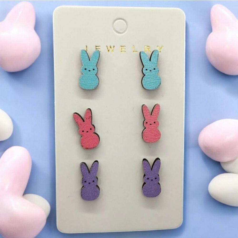 3-Pair Easter Bunny Rabbit Earrings – Spring Peeps Cute Wood Stud Jewelry Set/3